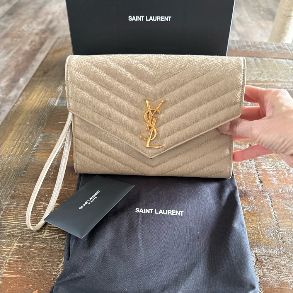 Saint Laurent Tan Chevron Quilted Clutch with Gold Hardware